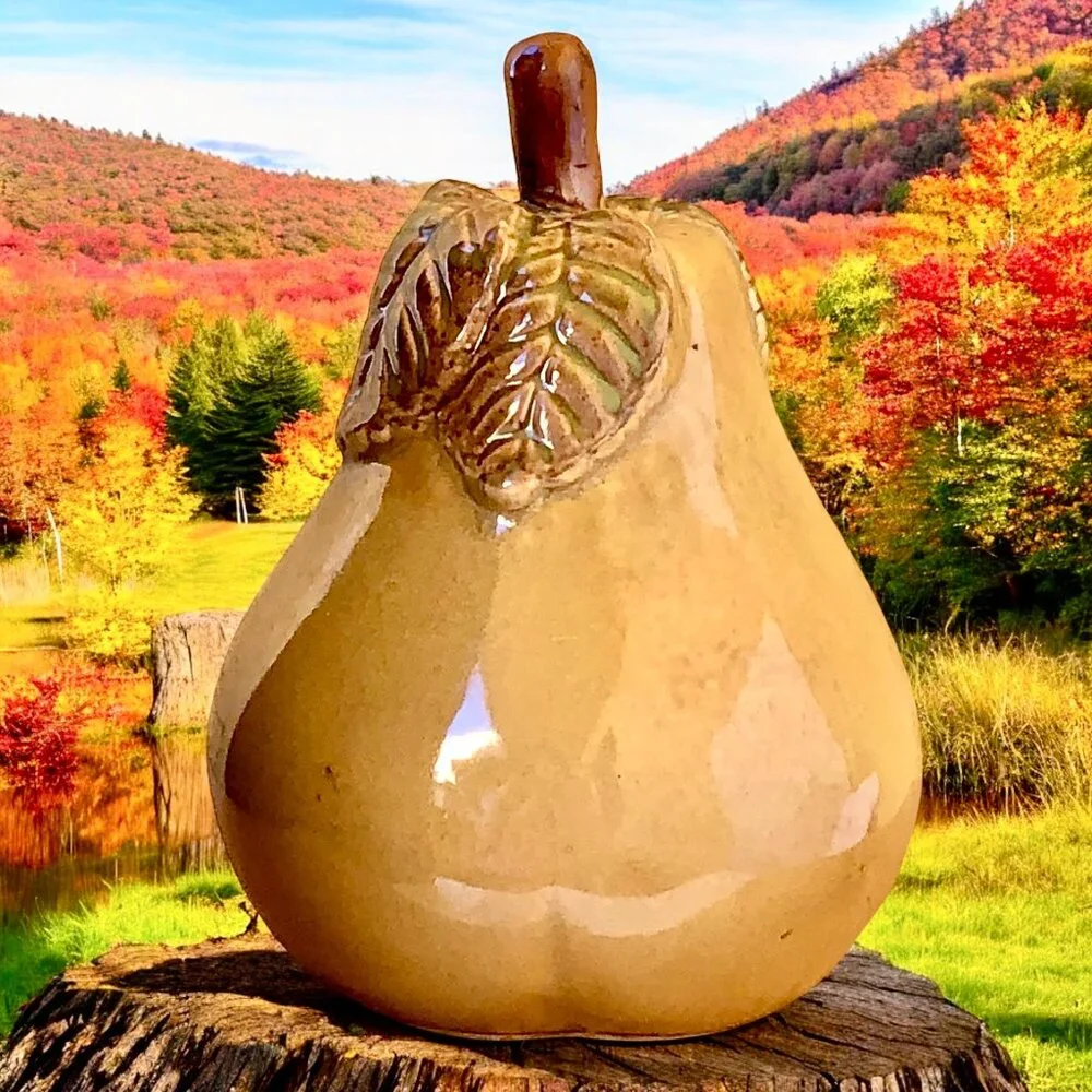 Ceramic Pear Fruit With Leaf Stem Decorative Figurine 7.6
